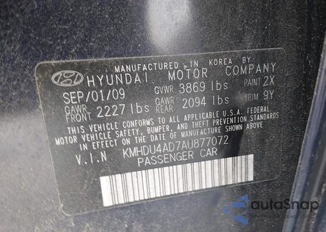 2010 Hyundai Elantra Gls z USA, uszkodzony, nr VIN KMHDU4AD7AU877072